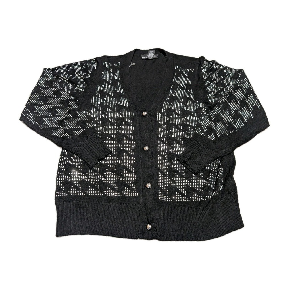 Ashley Stewart Cardigan Women 14/16‎ Black Houndstooth Rhinestone Button Up Glam